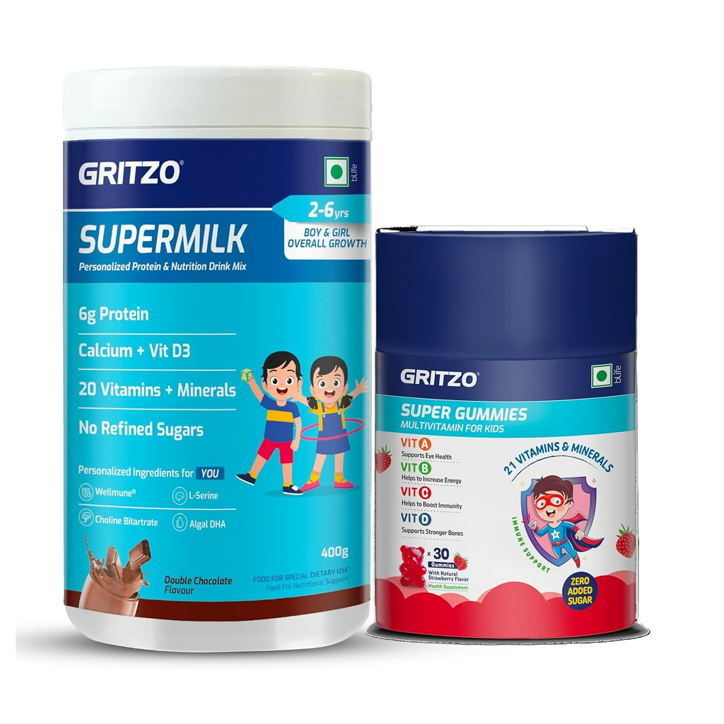 Gritzo SuperMilk Overall Growth (2-6y Boy & Girl) (Double Chocolate) with Super Gummies (Strawberry) | Grocsy