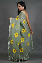 Exclusive Collection Light Pista Pure Cotton Saree With Sunflower Design | Grocsy