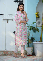 Kaajh Woman's Pink Printed Cotton Kurta Pant Set | Grocsy