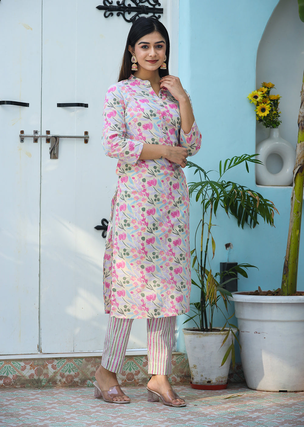 Kaajh Woman's Pink Printed Cotton Kurta Pant Set | Grocsy