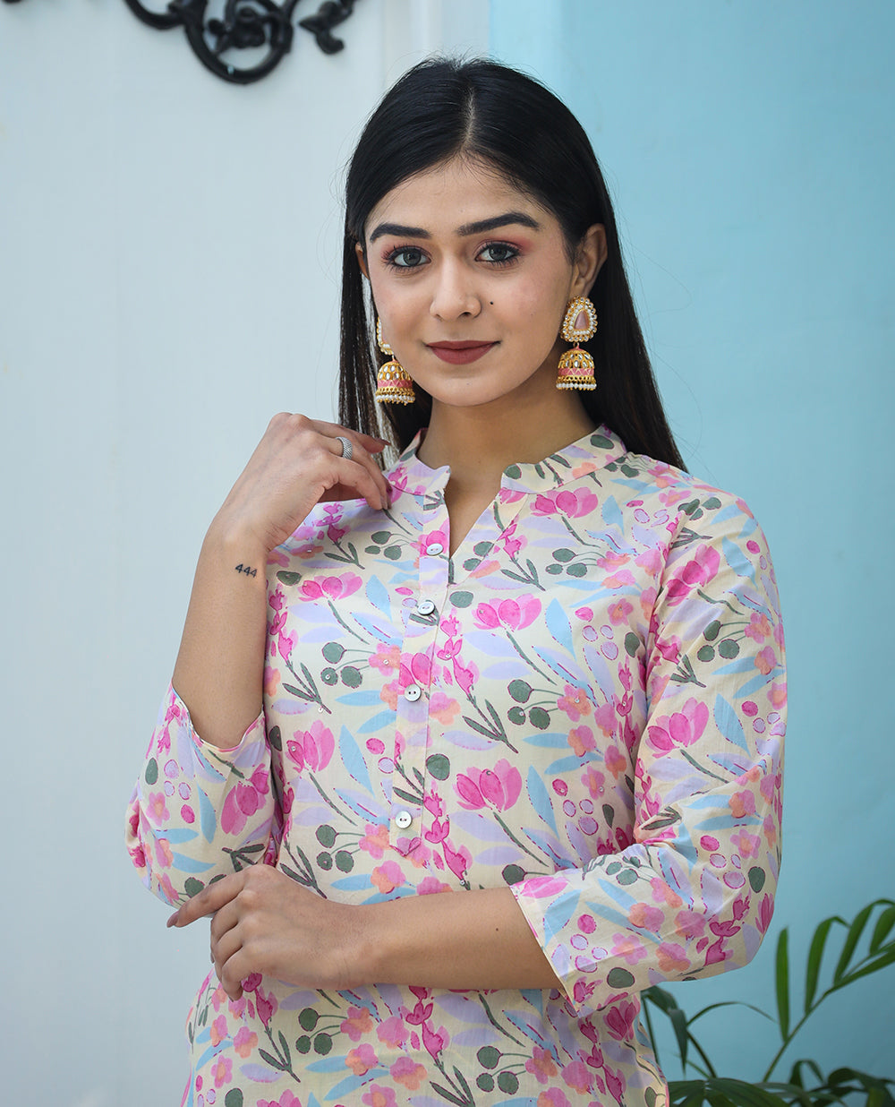 Kaajh Woman's Pink Printed Cotton Kurta Pant Set | Grocsy
