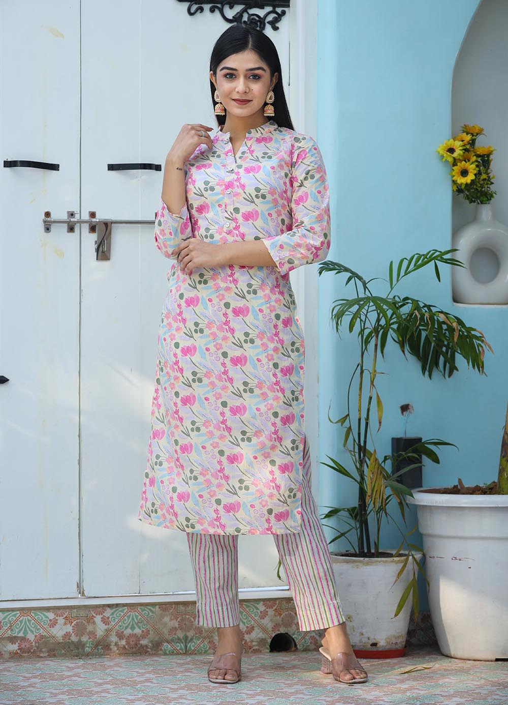 Kaajh Woman's Pink Printed Cotton Kurta Pant Set | Grocsy