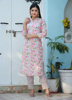 Kaajh Woman's Pink Printed Cotton Kurta Pant Set | Grocsy