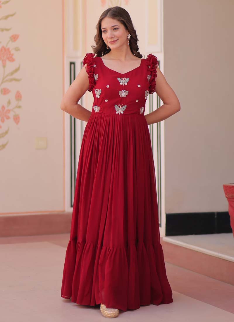 Prazu Fashion Maroon Georgette Embroidered Designer Gown | Grocsy