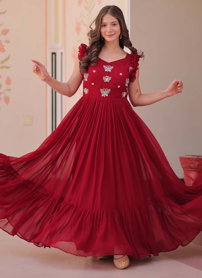 Prazu Fashion Maroon Georgette Embroidered Designer Gown | Grocsy