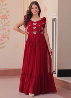 Prazu Fashion Maroon Georgette Embroidered Designer Gown | Grocsy