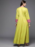Ahalyaa Women Lime Yellow & Pink Printed Pleated A-Line Maxi Ethnic Dress | Grocsy