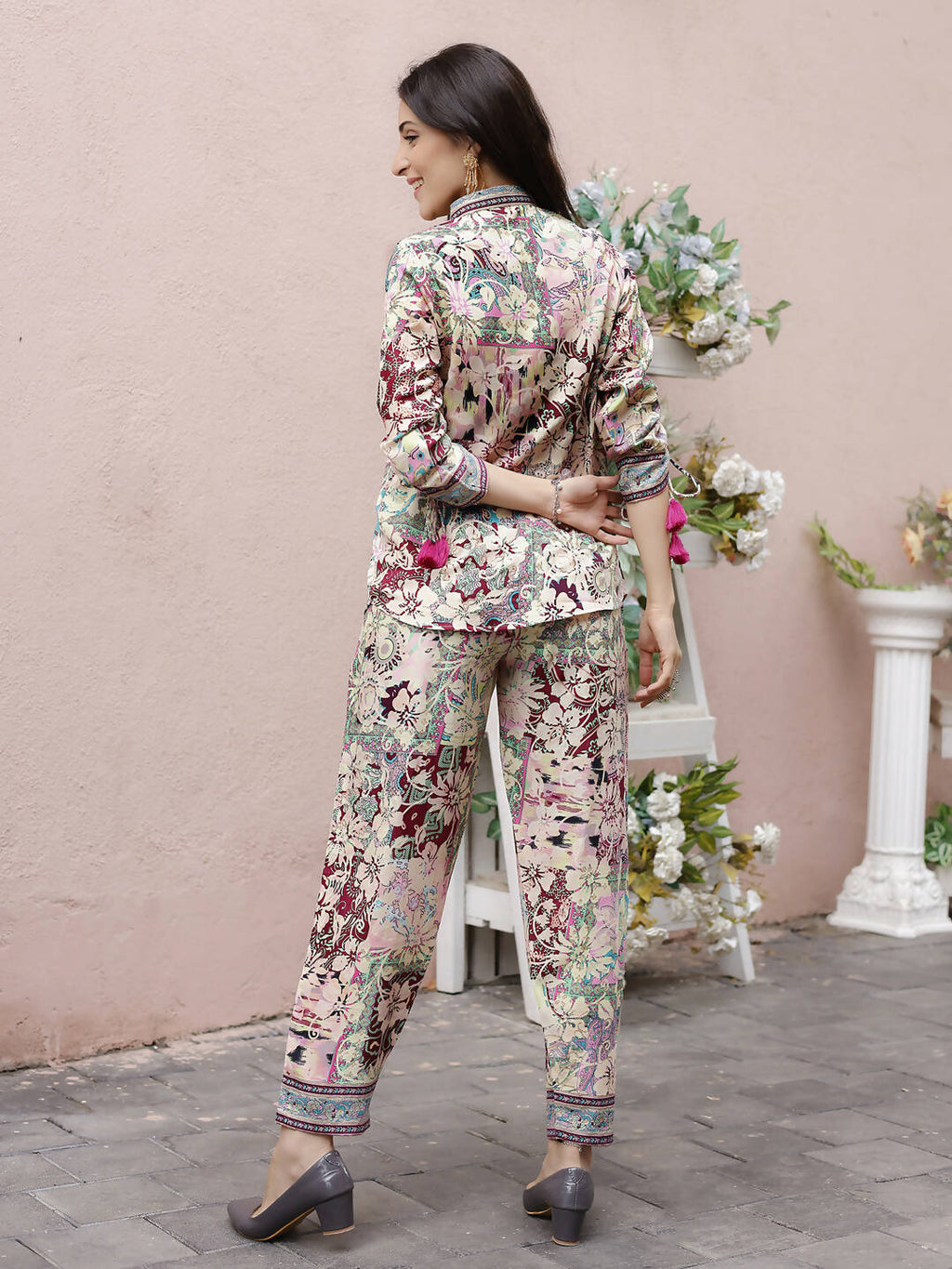 Cream Rayon Floral Printed Top with Matching Bottom - Eesha | Grocsy