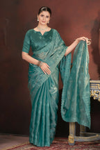 Vastranavya Teal Jimmy Choo Silk 3mm Sequence work with Cross Stitch Embroidery work & Cutwork Border Saree | Grocsy