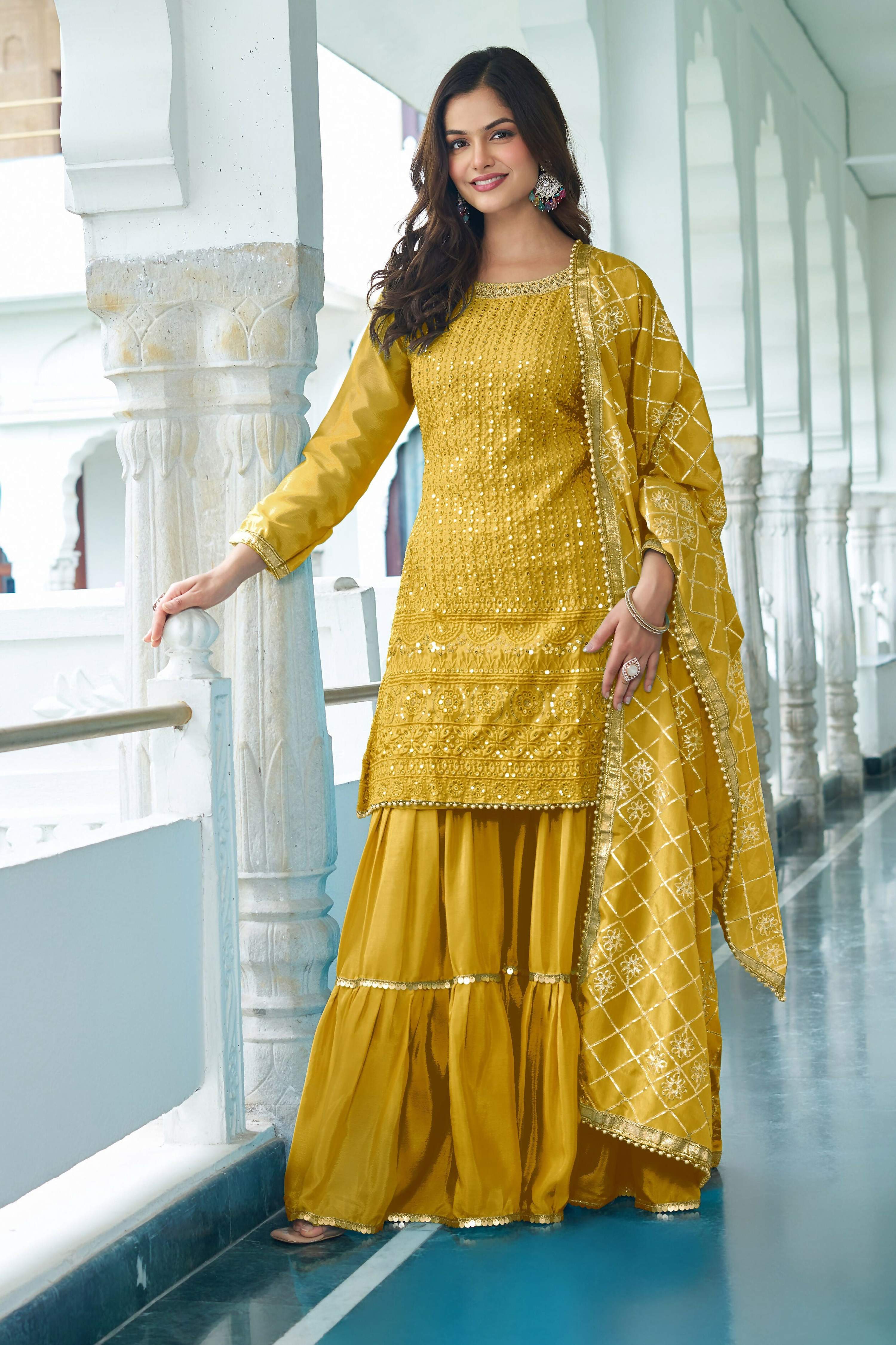 Teeya Creation Yellow Color Chinon Silk Heavy Embroidery Work Fully Stitched Salwar Suit | Grocsy