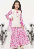 Little Bansi Girls Cotton Embroidery Kurta with Floral Sharara with Dupatta - White & Pink | Grocsy