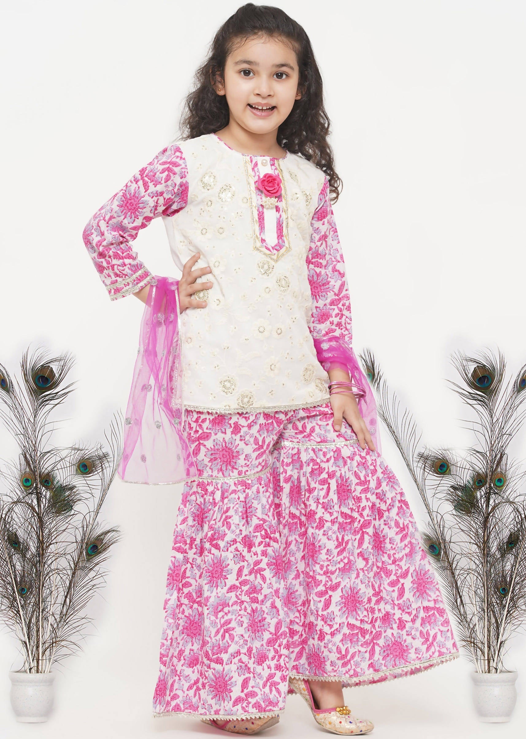 Little Bansi Girls Cotton Embroidery Kurta with Floral Sharara with Dupatta - White & Pink | Grocsy