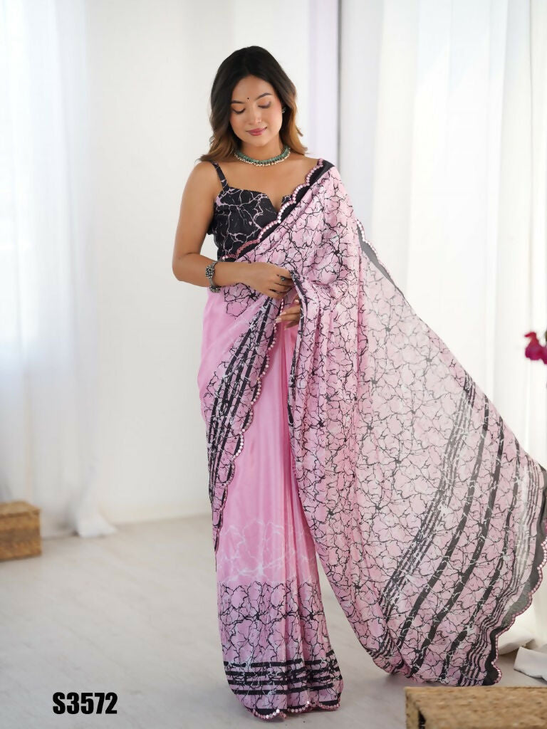 Pink Chinon Designer Digital Printed,Mirror Cut Work Saree - Sohni | Grocsy
