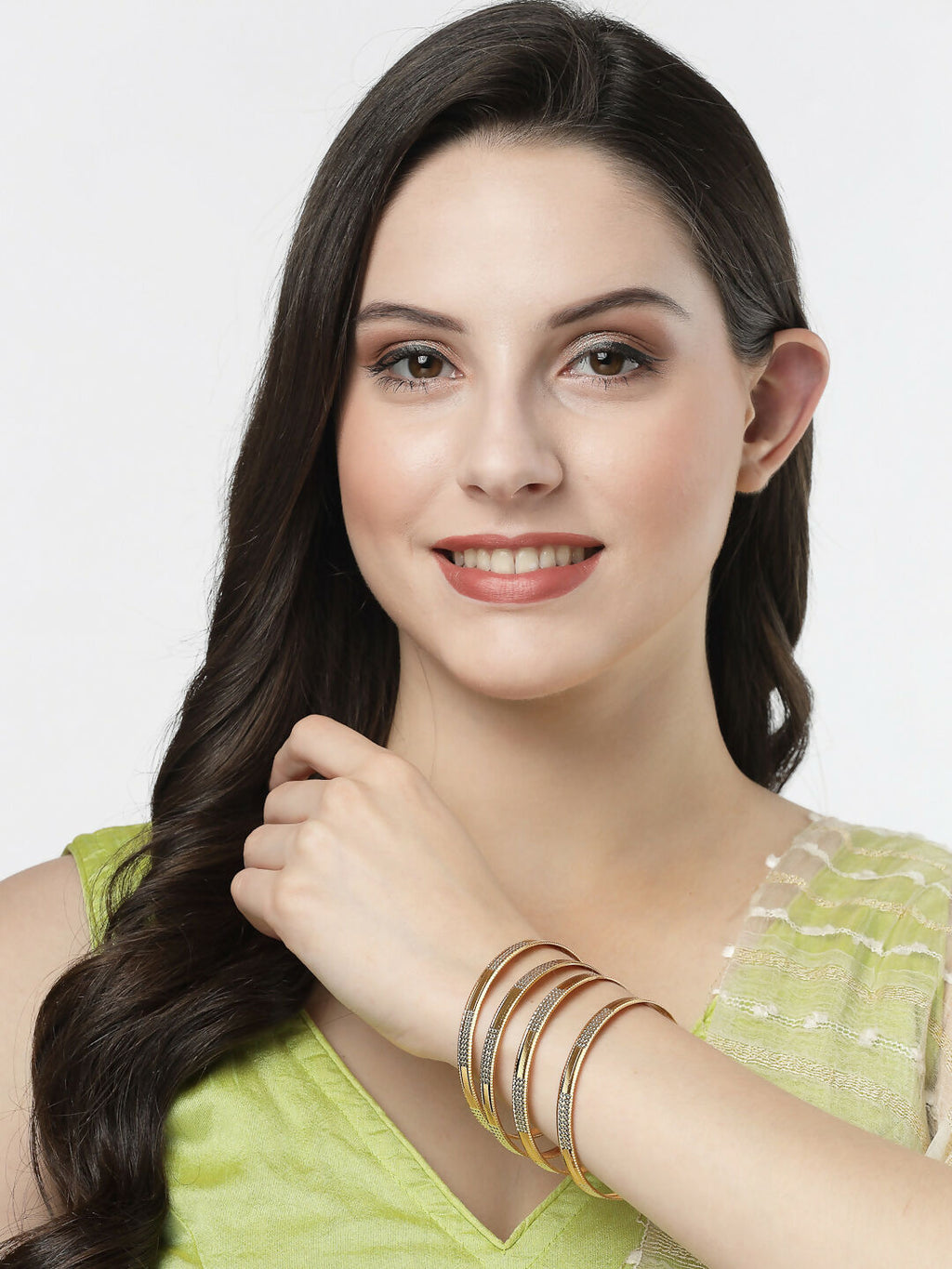 NVR Women's Set of 4 Gold-Polished CZ-Studded Traditional Bangles | Grocsy