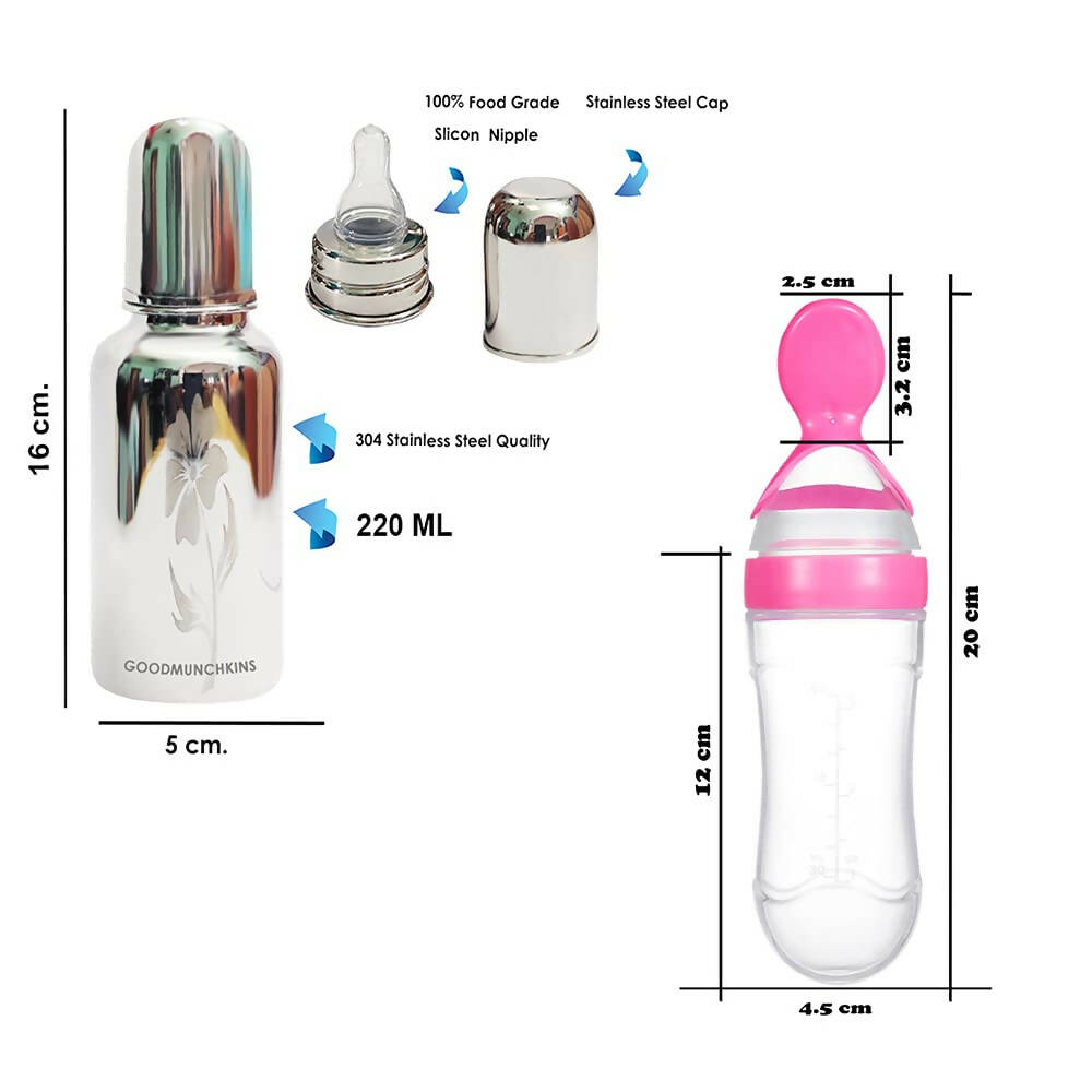 Goodmunchkins Stainless Steel Feeding Bottle & Spoon Food Feeder Anti Colic Silicone Nipple Combo-(Pink,220ml) | Grocsy