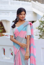 Zibaa Hand-Dyed Mul Cotton Striped Saree with Tassels | Grocsy