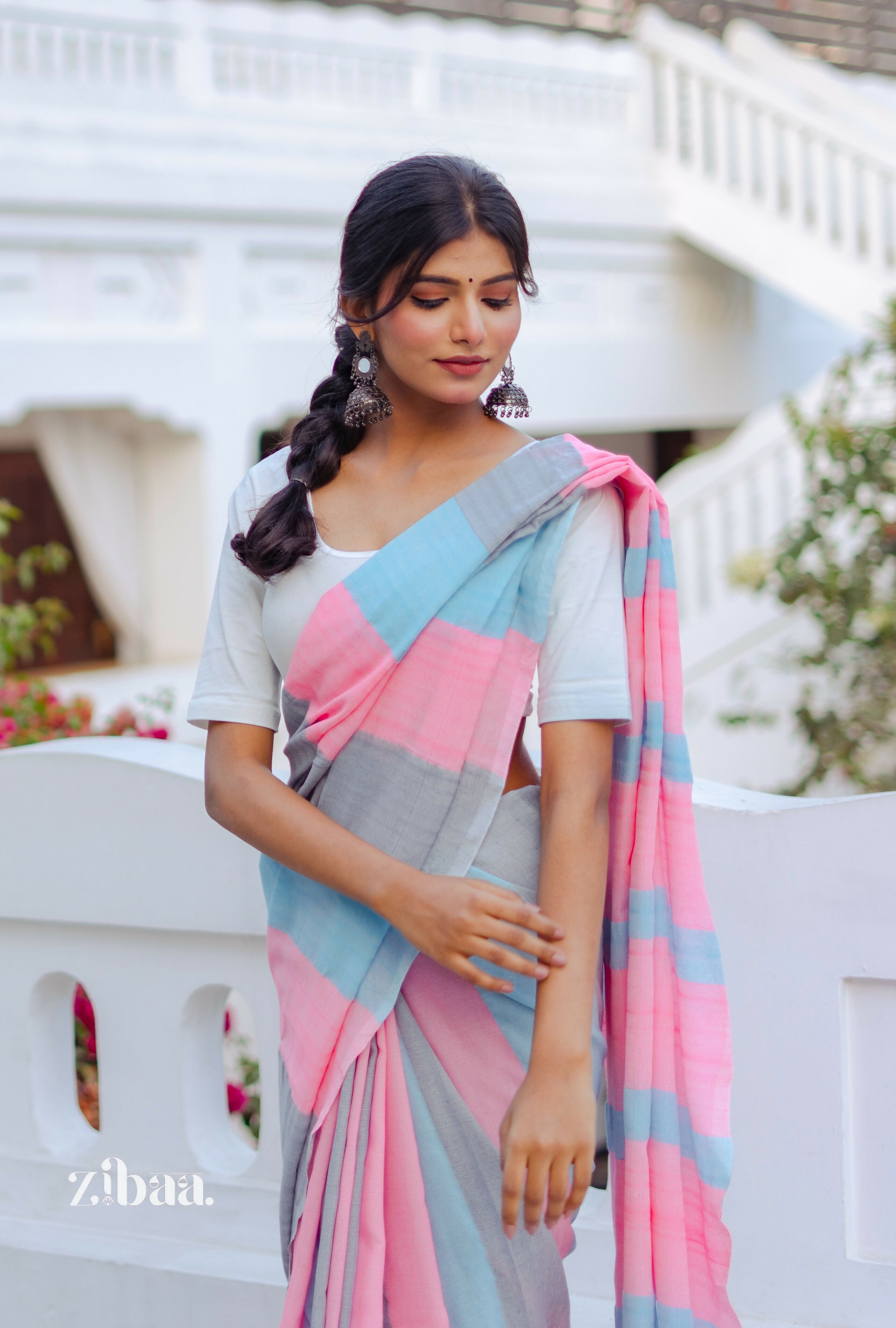 Zibaa Hand-Dyed Mul Cotton Striped Saree with Tassels | Grocsy