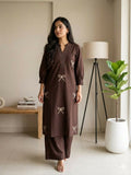 Teeya Creation Women New Trendy Chocolate Brown Embroidered Cotton Kurta with Palazzos | Grocsy