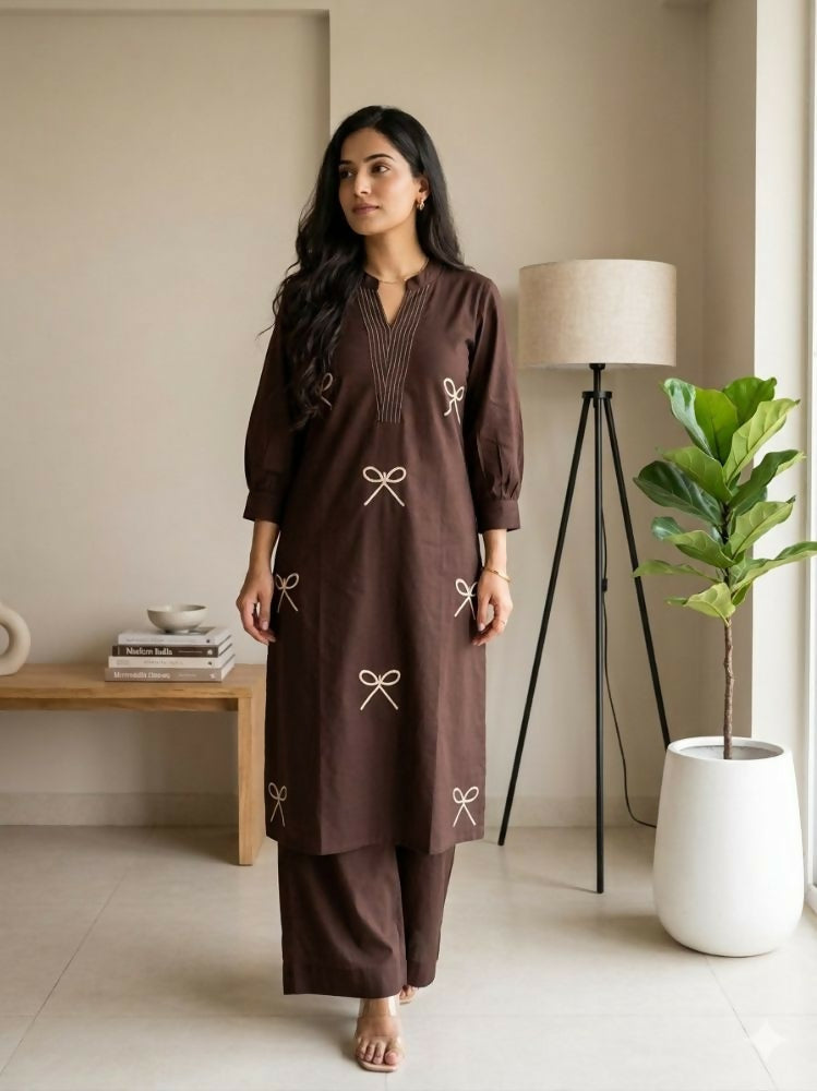 Teeya Creation Women New Trendy Chocolate Brown Embroidered Cotton Kurta with Palazzos | Grocsy