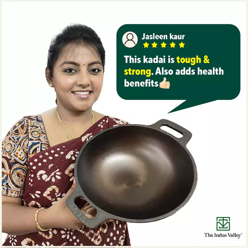 The Indus Valley Super Smooth Cast Iron Kadai,Pre-seasoned, Nonstick, 100% Pure, Toxin-free, Spatula, 25.4cm, 2.5L, 2.4kg | Grocsy