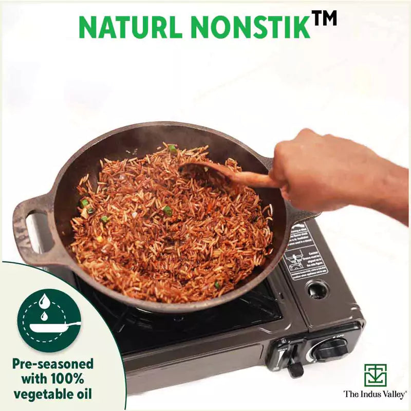 The Indus Valley Super Smooth Cast Iron Kadai,Pre-seasoned, Nonstick, 100% Pure, Toxin-free, Spatula, 25.4cm, 2.5L, 2.4kg | Grocsy