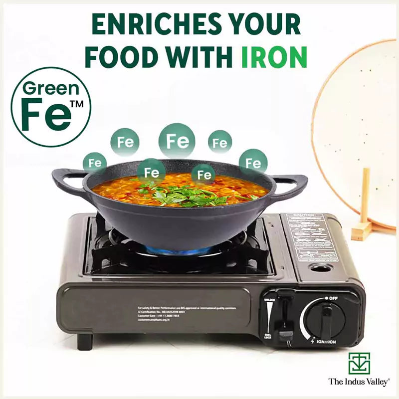 The Indus Valley CASTrong Cast Iron Kadai, Pre-seasoned, Nonstick, 100% Pure, Toxin-free, Spatula, 25.2cm, 2.2L, 2.37kg | Grocsy