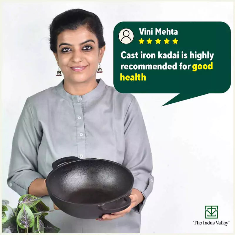 The Indus Valley CASTrong Cast Iron Kadai ,Pre-seasoned, Nonstick, 100% Pure, Toxin-free, Induction, Spatula, 25.4 cm, 2.3L, 2.5kg | Grocsy