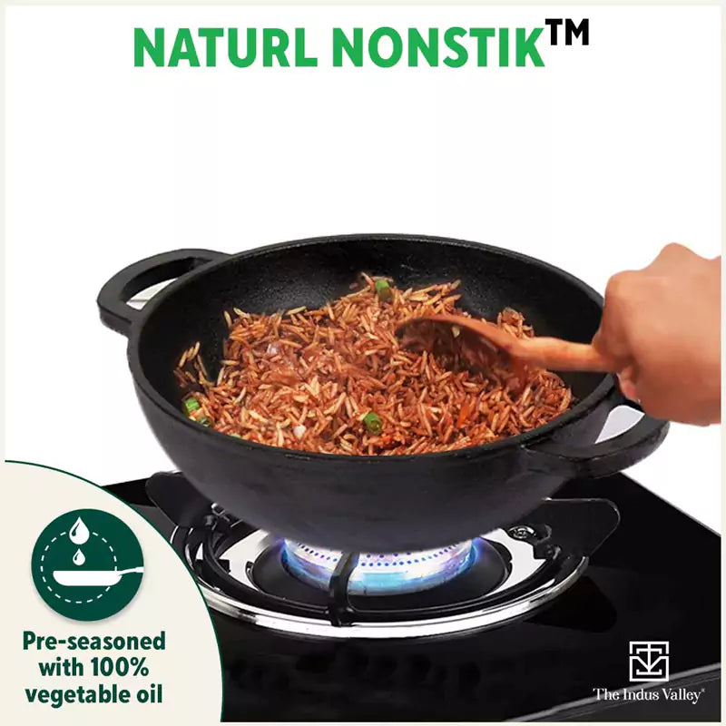 The Indus Valley CASTrong Cast Iron Kadai ,Pre-seasoned, Nonstick, 100% Pure, Toxin-free, Induction, Spatula, 25.4 cm, 2.3L, 2.5kg | Grocsy