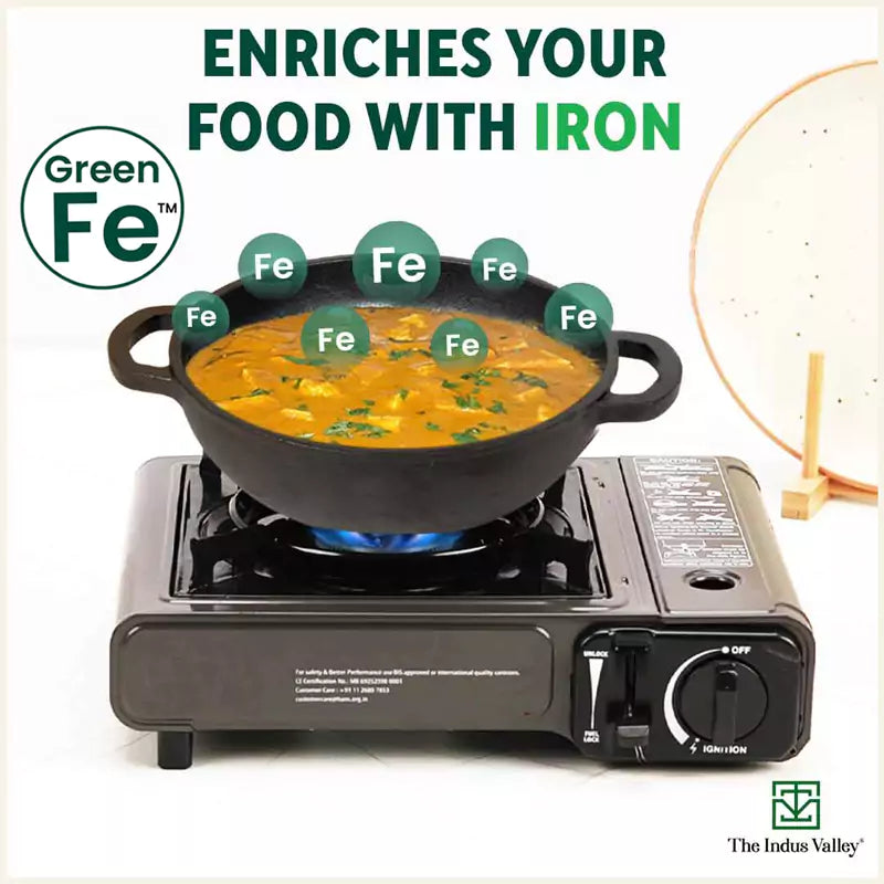 The Indus Valley CASTrong Cast Iron Kadai ,Pre-seasoned, Nonstick, 100% Pure, Toxin-free, Induction, Spatula, 25.4 cm, 2.3L, 2.5kg | Grocsy