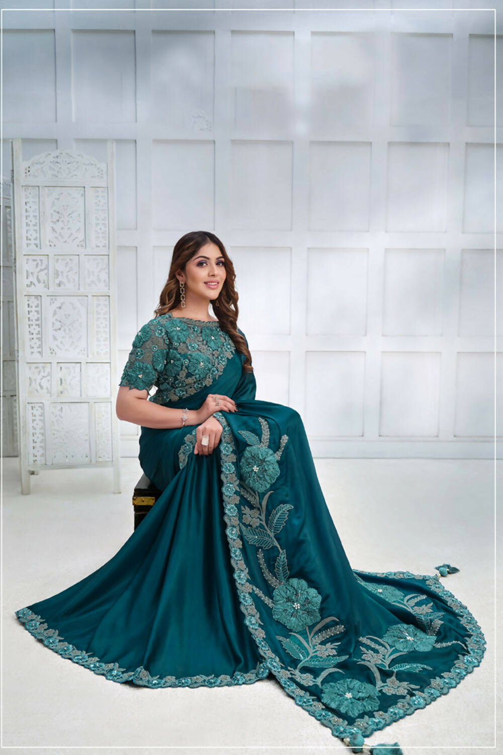 Teal Crepe satin silk Cord & Sequence Embroidered with Applique & Stone work Saree - Mohmanthan Majestica | Grocsy