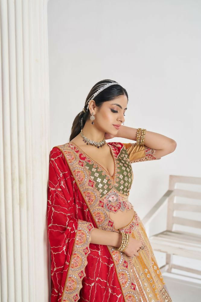 Kesar Fab Mustard Net Embroidered Lehenga | Grocsy