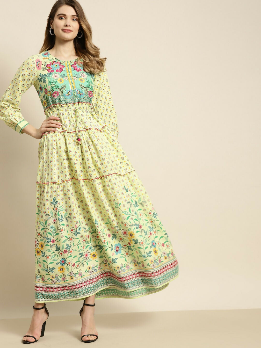 Juniper Lime Green Floral Printed Rayon Maxi Dress With Dori Tie-Up & Tassels On Waist | Grocsy