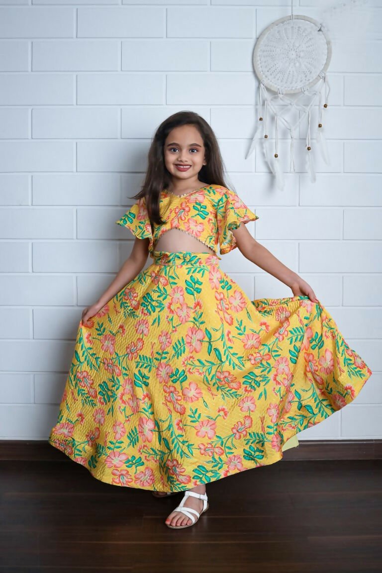 Aayaa Designer Printed Chinon Crochet Sequance Kids Lehenga Choli - Yellow | Grocsy