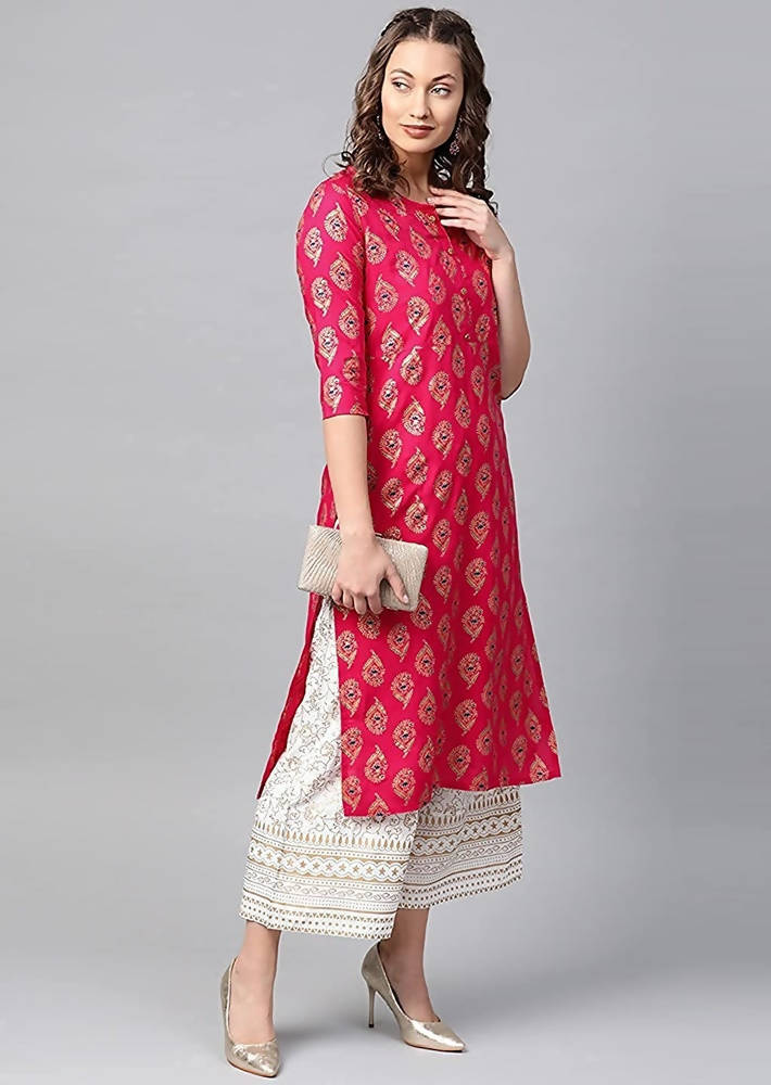 Vamika Pink Printed Rayon Party And Casual Wear Kurta Set | Grocsy