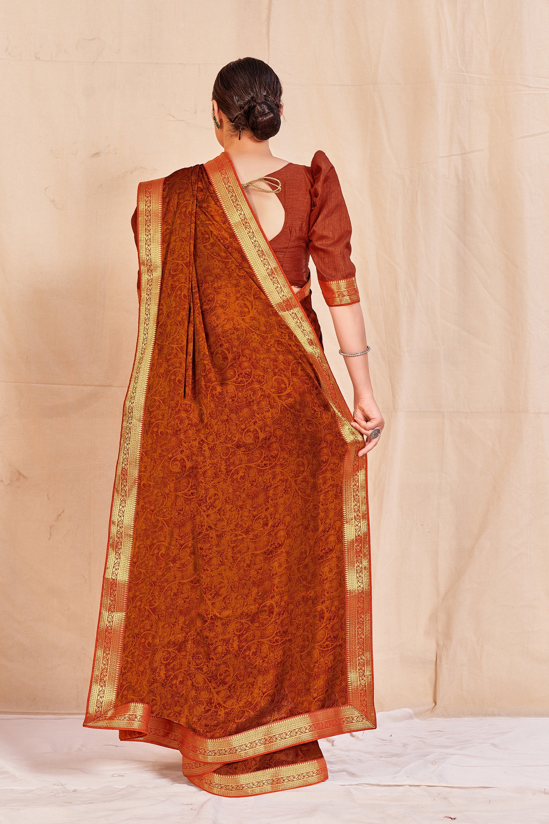 Vamika Orange Designer Cadbury Chiffon Banarasi Lace Saree | Grocsy