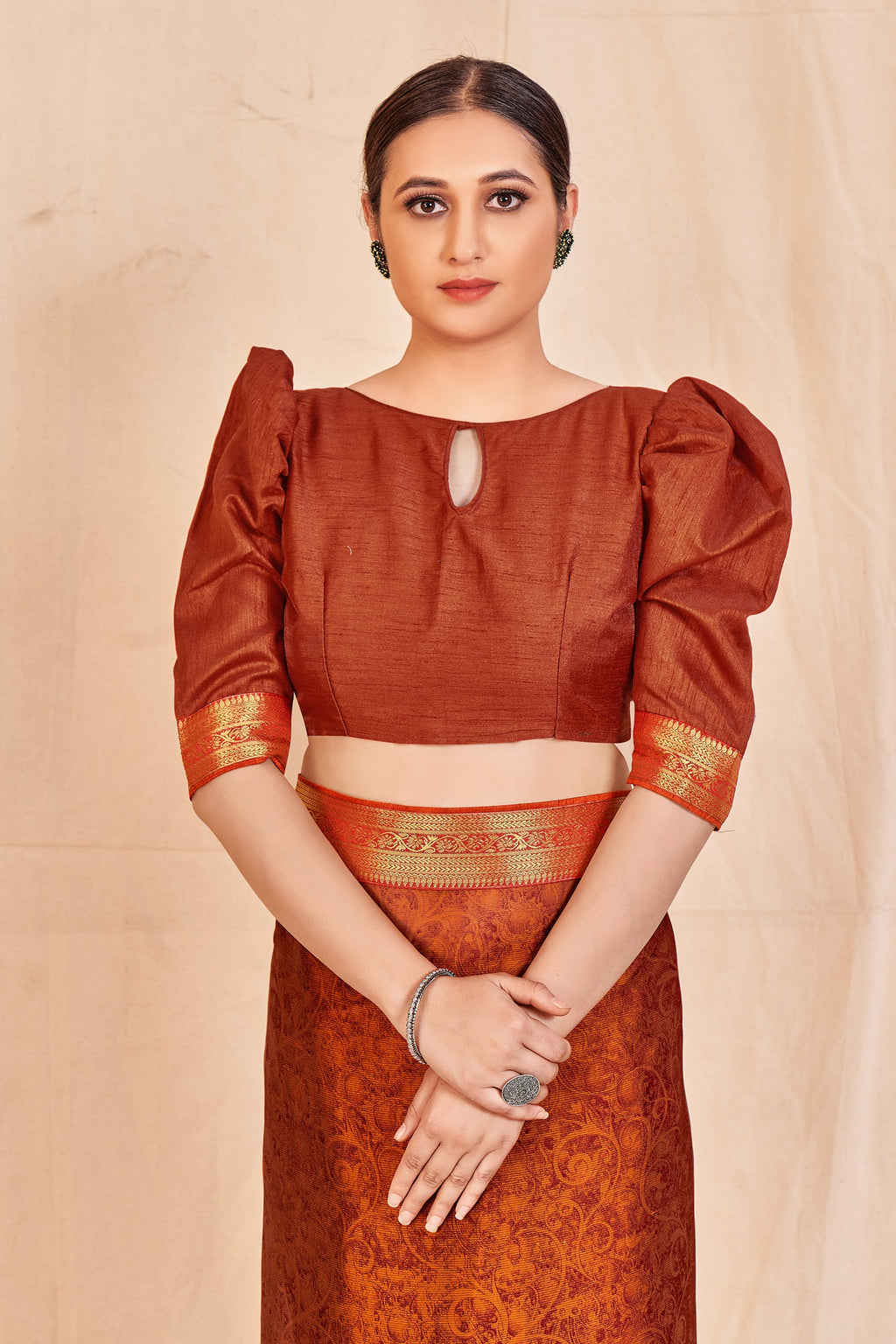 Vamika Orange Designer Cadbury Chiffon Banarasi Lace Saree | Grocsy