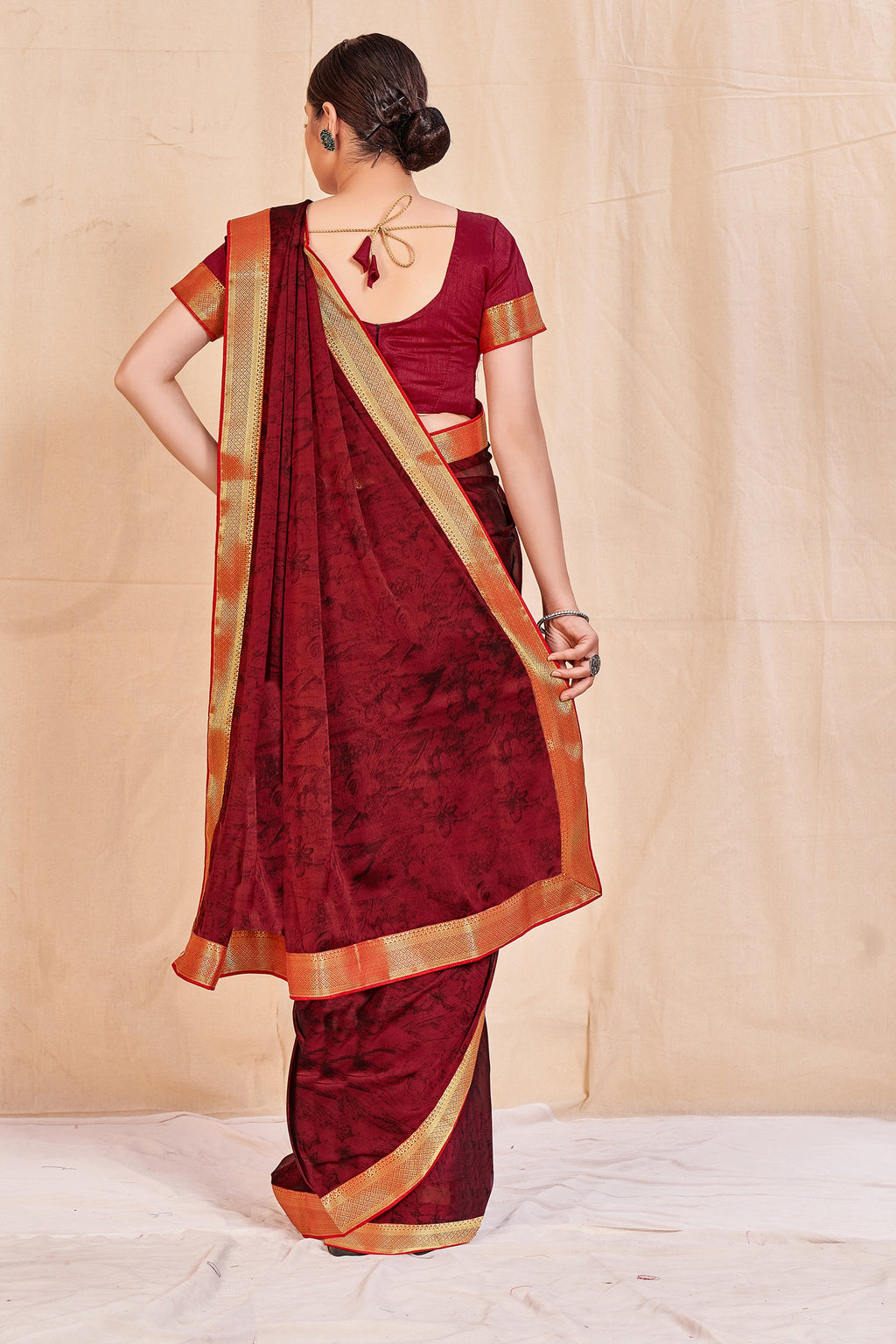Vamika Maroon Designer Cadbury Chiffon Banarasi Lace Saree | Grocsy