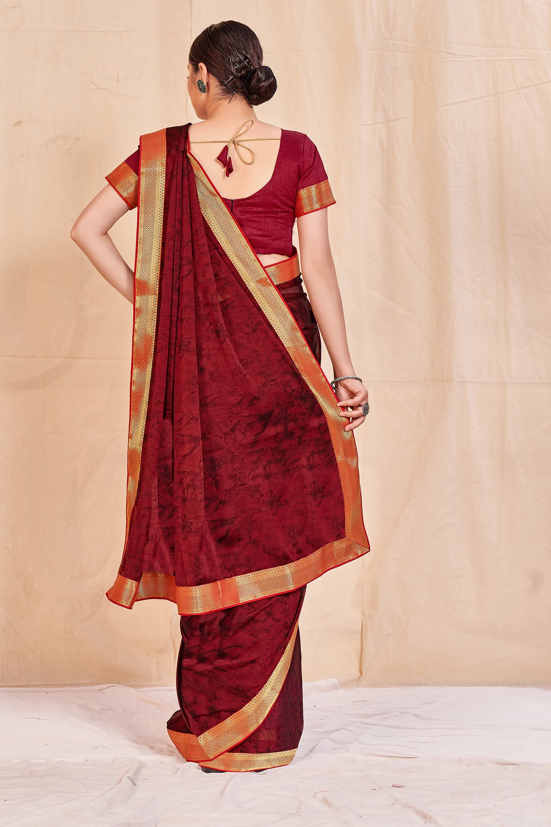 Vamika Maroon Designer Cadbury Chiffon Banarasi Lace Saree | Grocsy