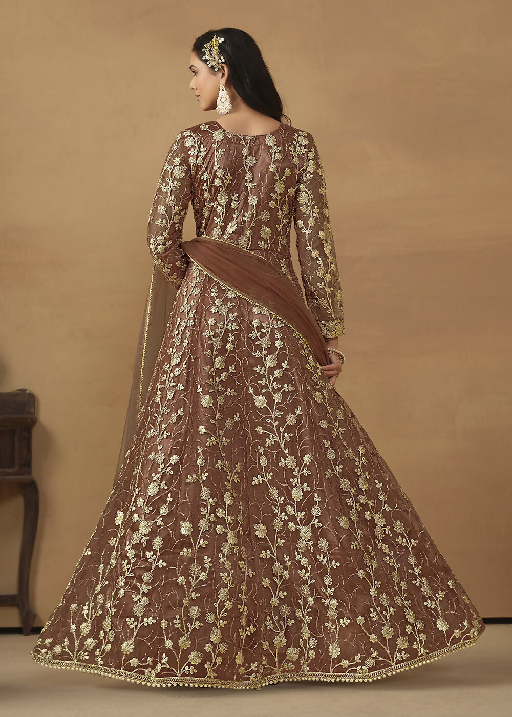 Pant Style Snuff Brown Embroidered Net Wedding Anarkali Suit - Emponline | Grocsy