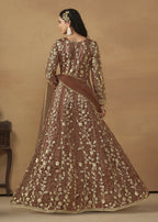 Pant Style Snuff Brown Embroidered Net Wedding Anarkali Suit - Emponline | Grocsy