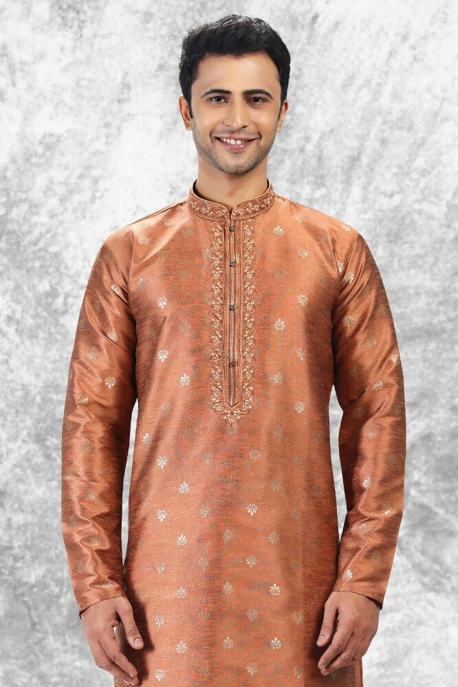 Raivat Ethnic Jacquard Silk Brocade Thread Work Kurta Pajama In Rust Brown Colour | Grocsy