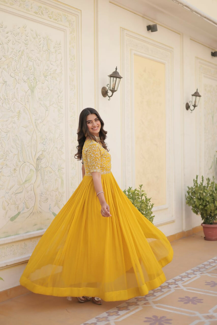 Vastranavya Faux Blooming with Embroidery Zari Sequins-work Gown - Yellow | Grocsy