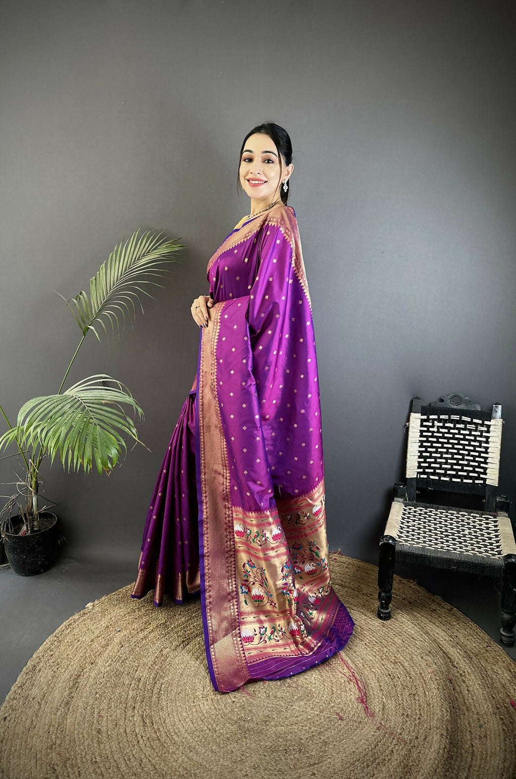 Joban Fashion Purple Butti Woven Soft Lichi Silk Paithani Saree | Grocsy