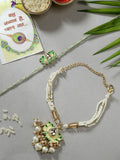 NVR Women & Men Set of 2 Green Lotus Shape Kundan-Studded & Beaded Wraparound Rakhi Set With Roli Chawal & Chocolate | Grocsy