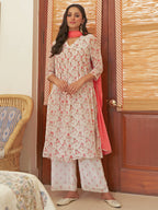 Janasya Women's White Chiffon Lurex Floral Printed Festive Straight Kurta Set | Grocsy