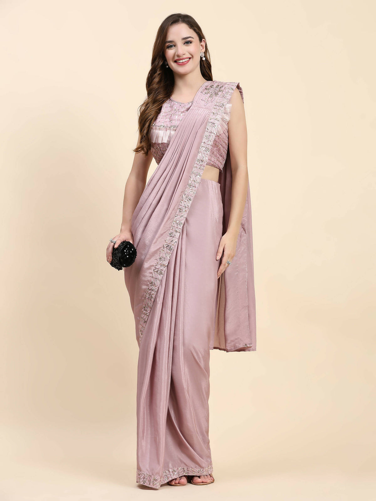 Pink Silk Satin Solid Ready to wear Saree with stitched Blouse - Satiksha | Grocsy