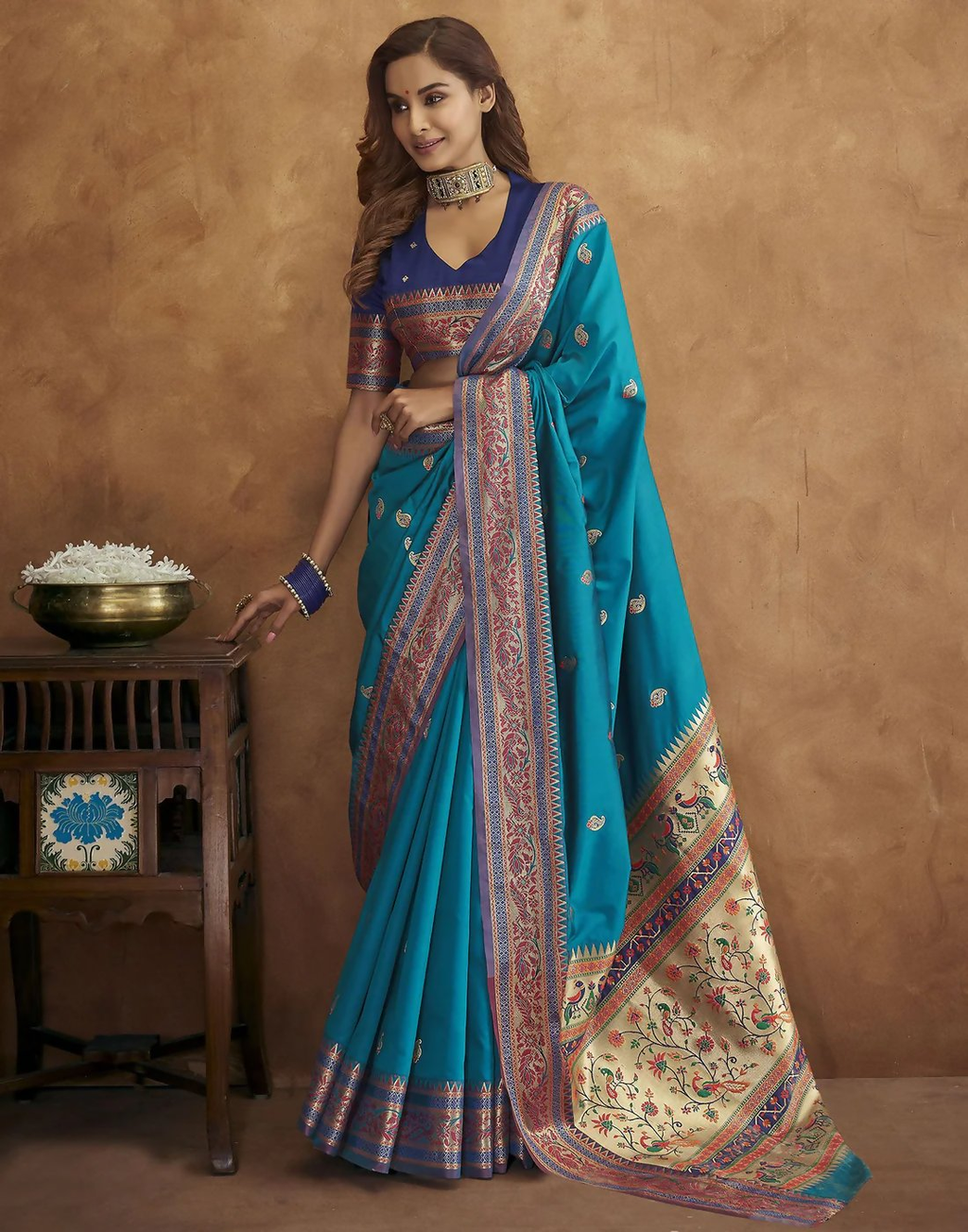 Vastranavya Blue Soft Paithani Silk Saree With Gold Zari Weaving Motifs With Matching Blouse Fabric | Grocsy
