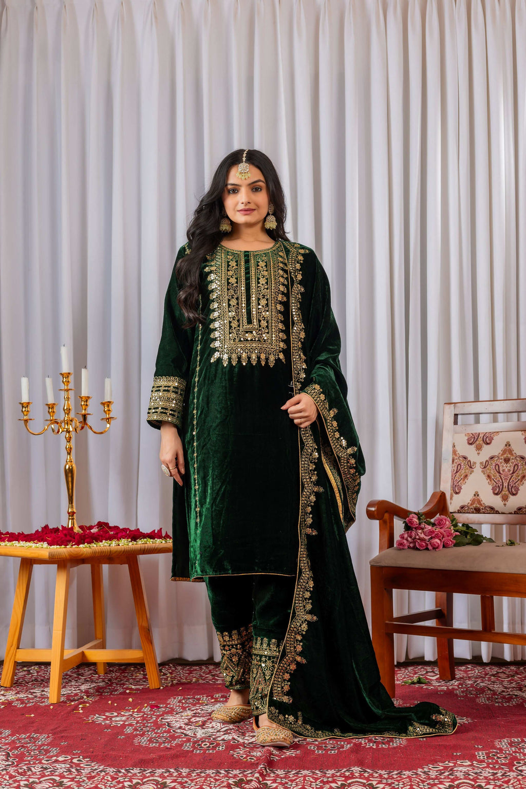 Teeya Creation Green Color Velvet Designer Embroidery Work party Wear Suit | Grocsy