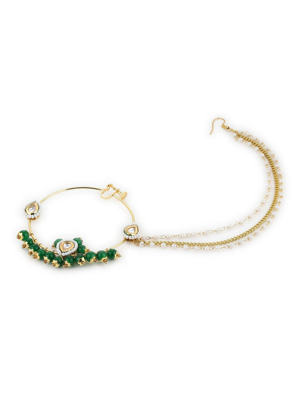 Gold-Polished White Green Kundan-Studded Pearl Beaded Nosepin - Ruby Raang | Grocsy