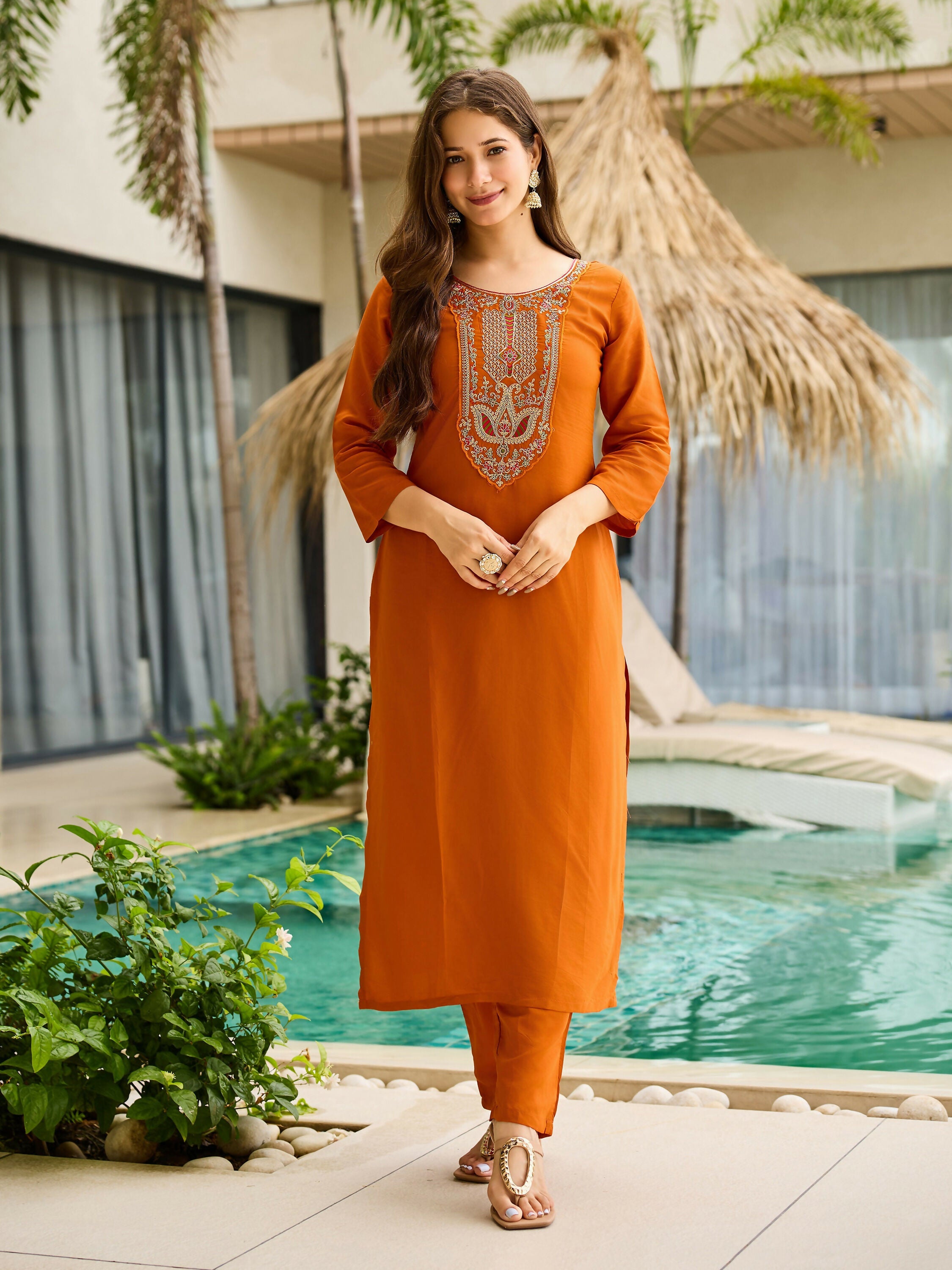 The52 Rust Women's Gorgeous Embroidered work Rayon Fabric Straight Kurta, Pant and Dupatta Set | Grocsy